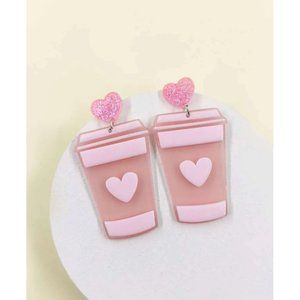 COFFEE Pink Heart Cup Earrings NEW